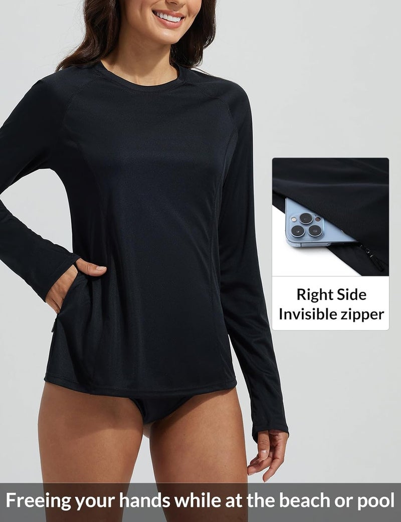 Baleaf Rash Guard for Women Swim Shirts UPF 50+ UV Sun Protection Long Sleeve Swimsuit Top Zipper Pocket Thumbhole - Image 2